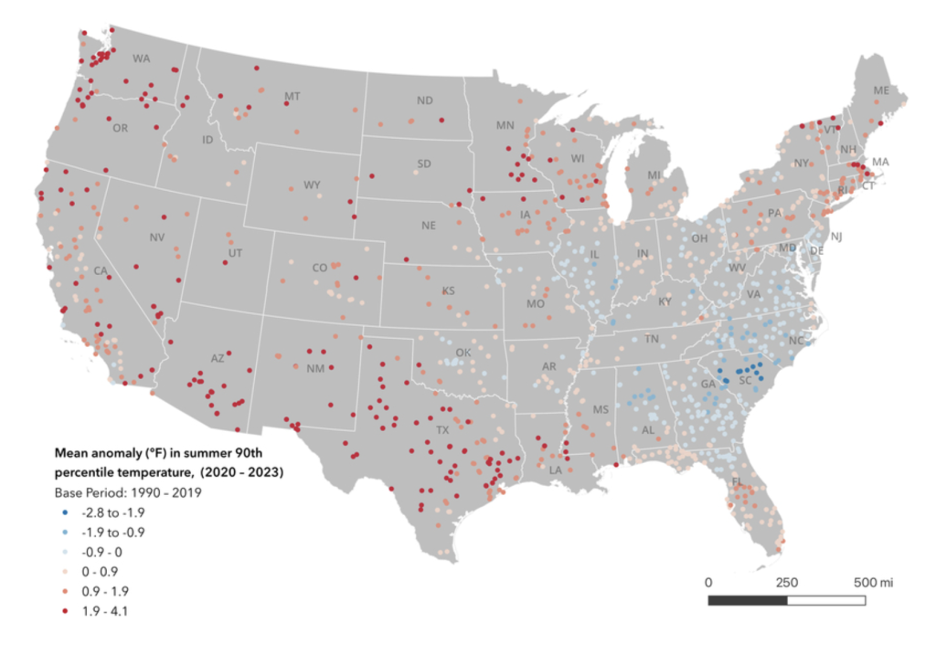 MIT researchers chart the heat risk for prisons across the United States. Red-toned dots indicate that a prison has been hotter in recent years (2020 - 2023) than the historical average from 1990 - 2019.